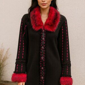 Vintage STORYBOOK KNITS Embellished Cardigan Coat w/Faux Fur Size S